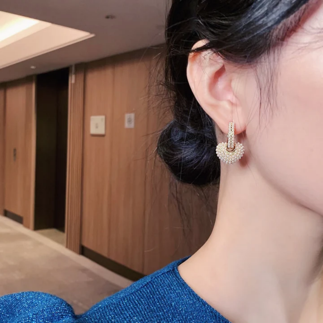 Golden Pearl Heart Earrings