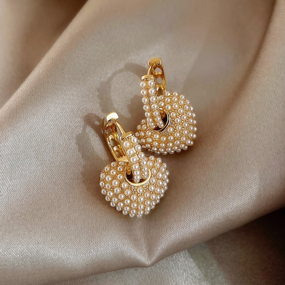 Golden Pearl Heart Earrings