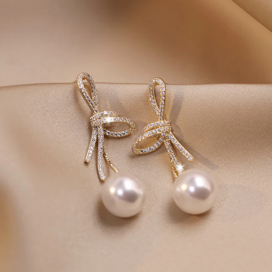 Golden Bow Pearl Earrings